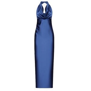 BLANCA VITA Cowl Satin Blue Halter Maxi Formal Dress